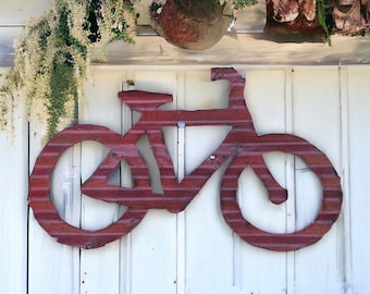 red corrugated tin bike / bicycle garden decor / metal bike /