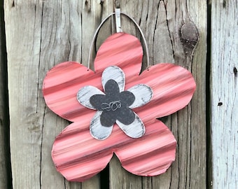 coral corrugated tin flower / rustic tin flower / rustic tin garden decor / metal flowers