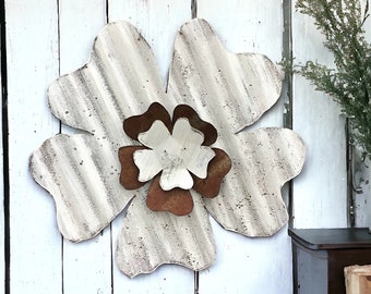 corrugated tin flower / tin dogwood flower / rustic garden decor