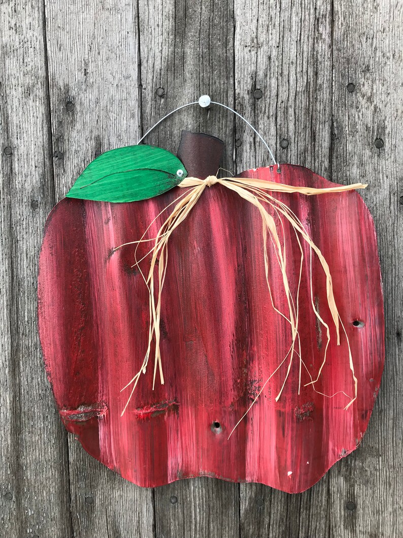 Tin apple / hand painted tin apple / corrugated tin apple / tin harvest decor / rustic fall decor image 2