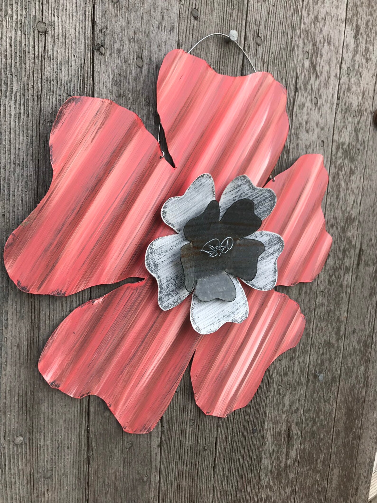 Coral Tin Flower / Corrugated Tin Dogwood Flower / Rusty Tin Etsy