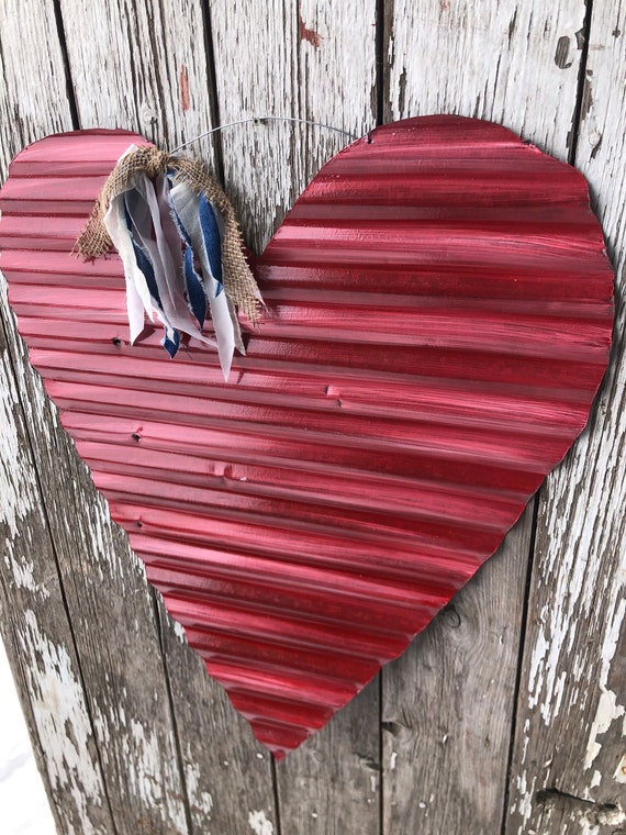 Rustic red tin heart / red valentines heart / corrugated tin