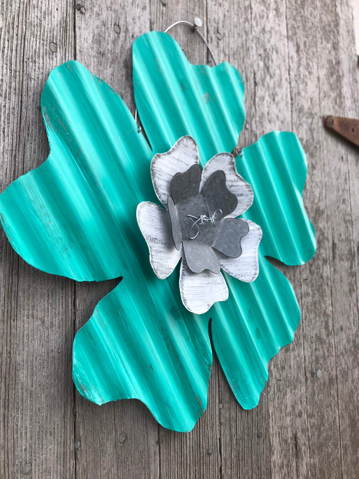 Turquoise Tin Flower / Corrugated Tin Dogwood Flower / Rusty Etsy