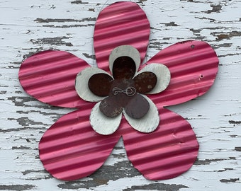 large pink corrugated tin flower / metal flower decor / handmade summer decor