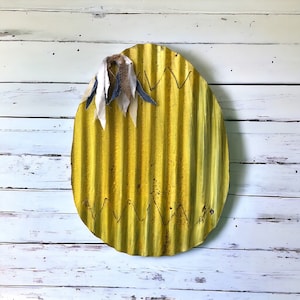 yellow corrugated tin easter egg / rustic tin easter decorations / shabby easter decor