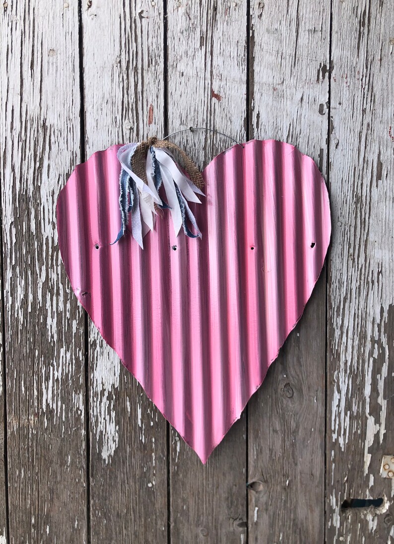 Corrugated Tin Pink Heart / Rustic Corrugated Tin Heart / Etsy