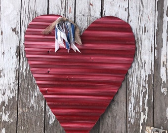 rustic red tin heart / red valentines heart / corrugated tin hearts / metal hearts / tin hearts