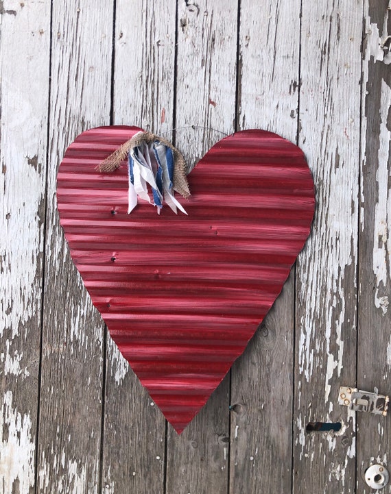 Rustic red tin heart / red valentines heart / corrugated tin