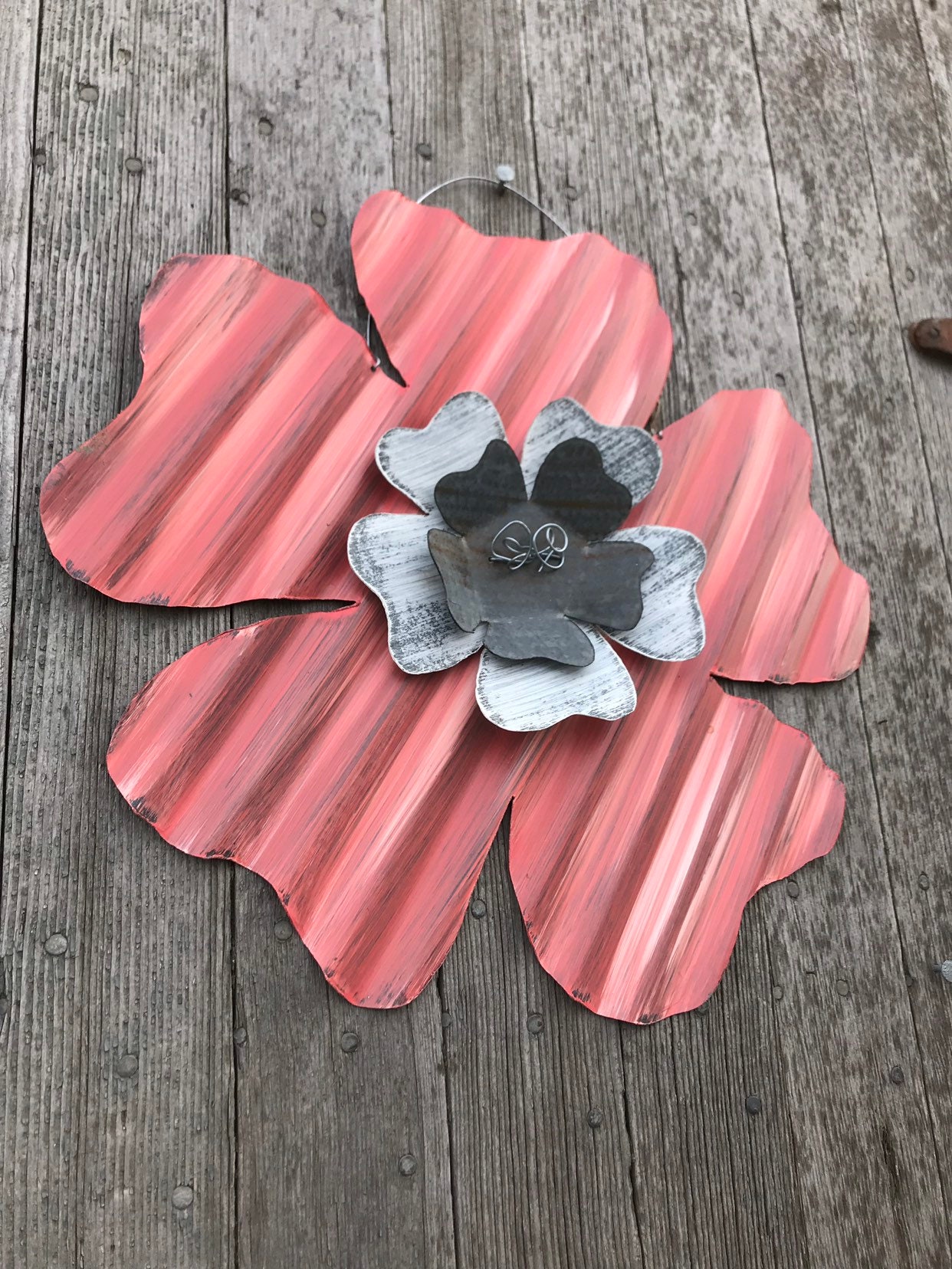 Coral Tin Flower / Corrugated Tin Dogwood Flower / Rusty Tin Etsy