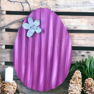 corrugated tin easter egg / handpainted tin easter egg / pink easter egg / rustic tin easter decoration