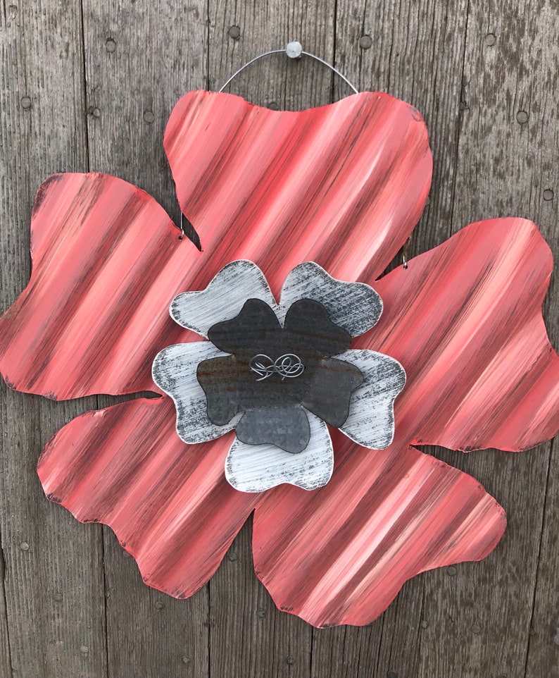 Coral Tin Flower / Corrugated Tin Dogwood Flower / Rusty Tin Etsy