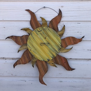 handmade corrugated tin sun / handpainted tin sun / metal sun decor / rustic tin sun garden decor / sun garden decor