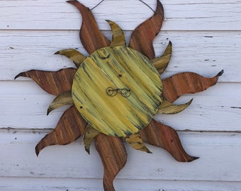 handmade corrugated tin sun / handpainted tin sun / metal sun decor / rustic tin sun garden decor / sun garden decor