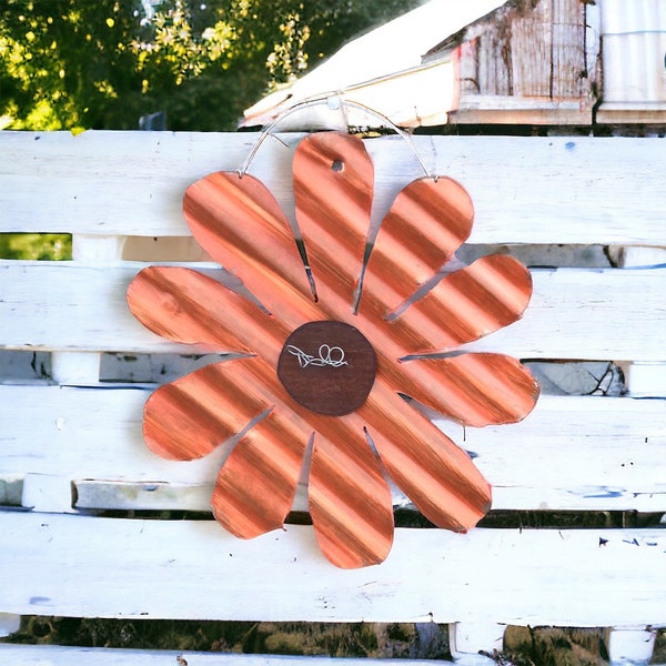 orange corrugated tin daisy / corrugated tin garden decor / rustic tin flowers / rusty tin flower