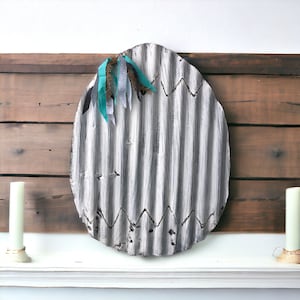 white corrugated tin easter egg / rustic tin easter decorations / shabby easter decor