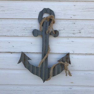 corrugated tin boat anchor / anchor wall decor / tin beach decor / bathroom decor