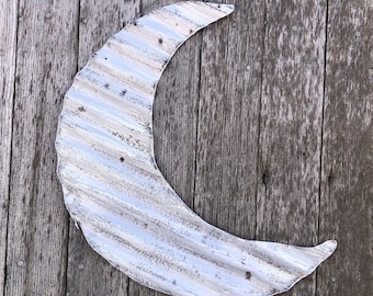 handpainted corrugated tin moon / rustic tin moon / metal moon / moon wall decor / rusty tin moon