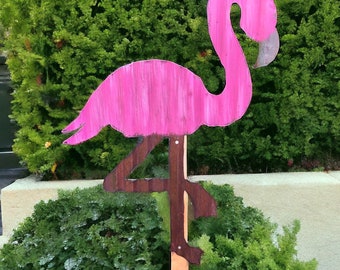 corrugated tin flamingo / flamingo garden decor / rustic garden decor / handmade flamingo yard art