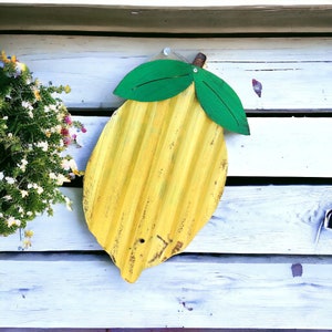 corrugated tin lemon / rustic tin kitchen decor / rusty tin garden decor