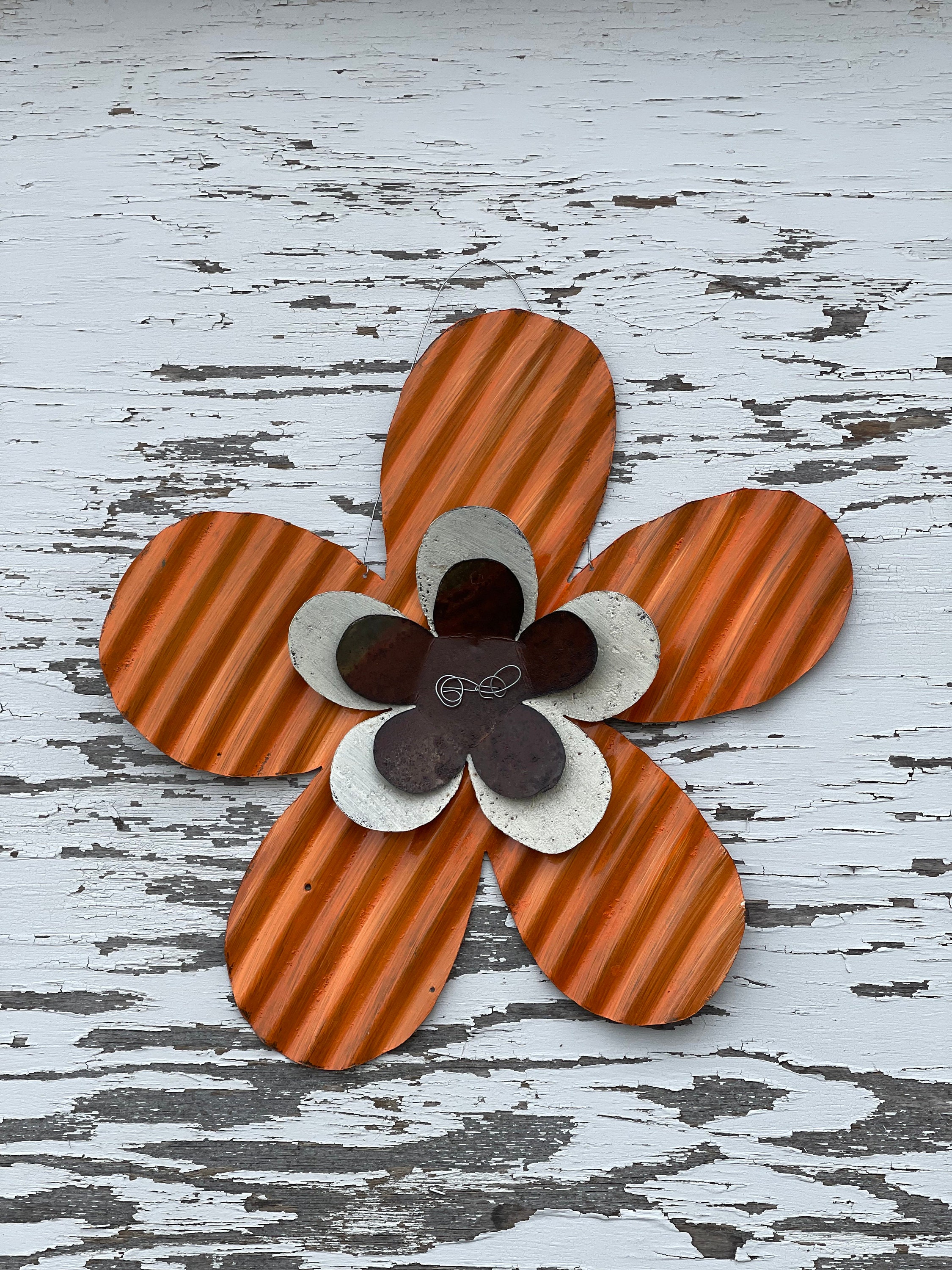 large orange corrugated tin flower / metal flower decor / handmade summer decor