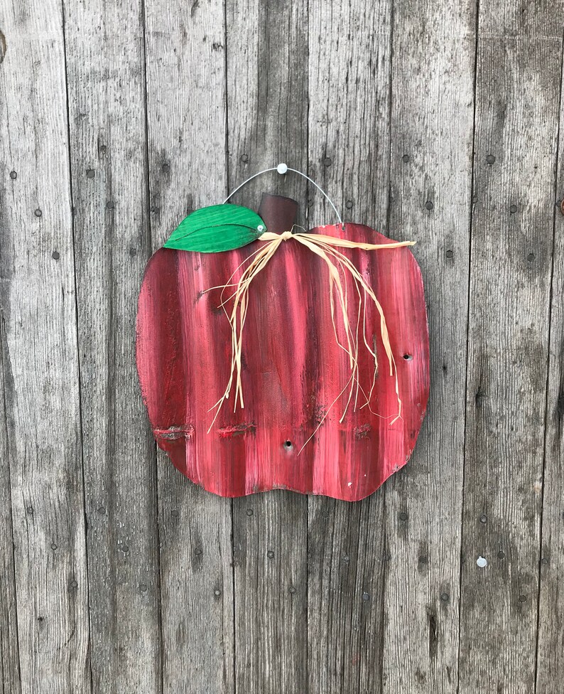 Tin apple / hand painted tin apple / corrugated tin apple / tin harvest decor / rustic fall decor image 1