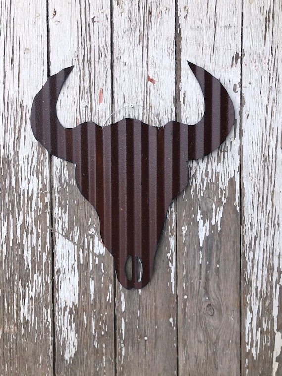 large corrugated tin cow skull with horns / rusty tin cow skull / rustic western decor / rustic cowboy decor