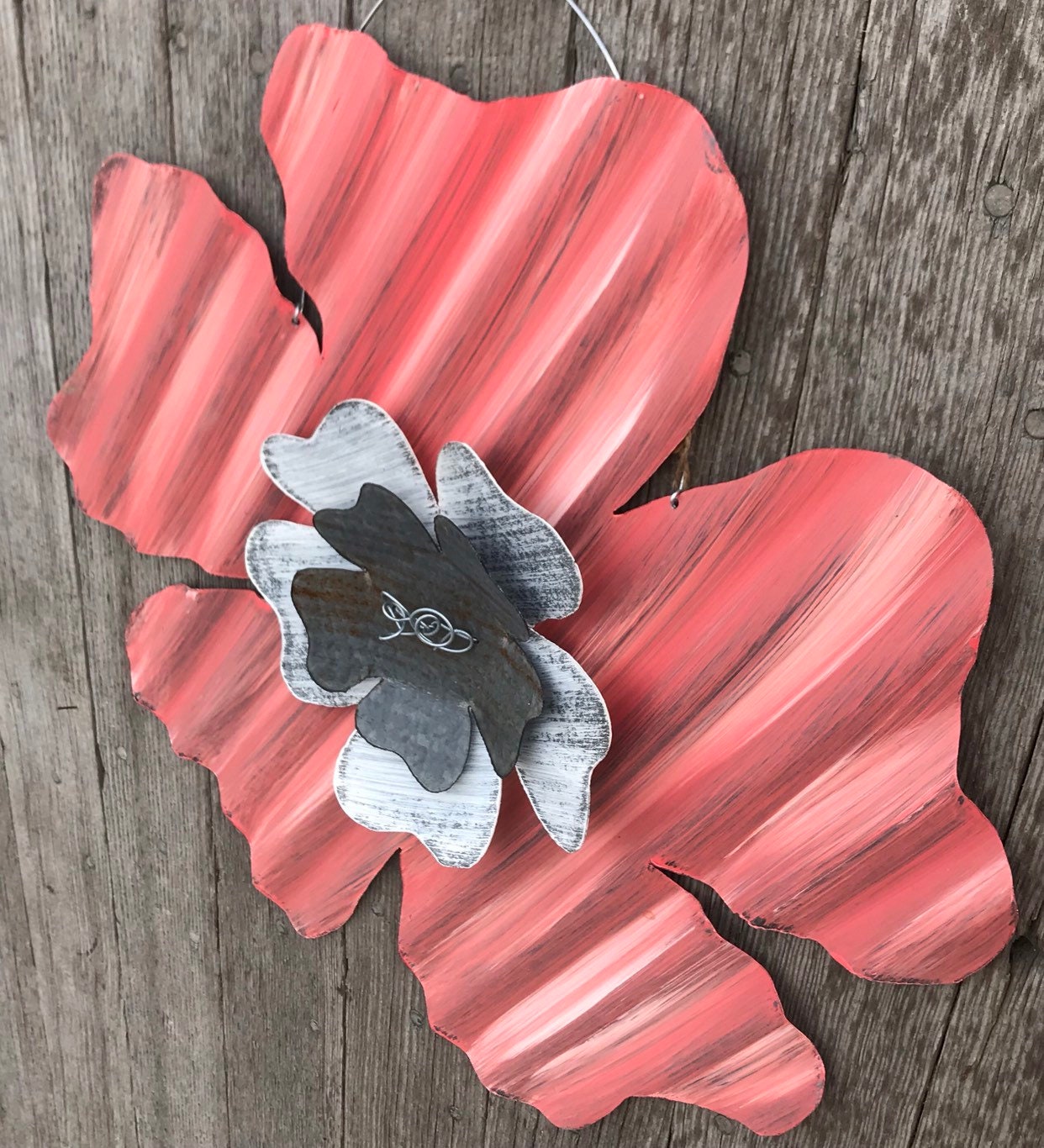 Coral Tin Flower / Corrugated Tin Dogwood Flower / Rusty Tin Etsy