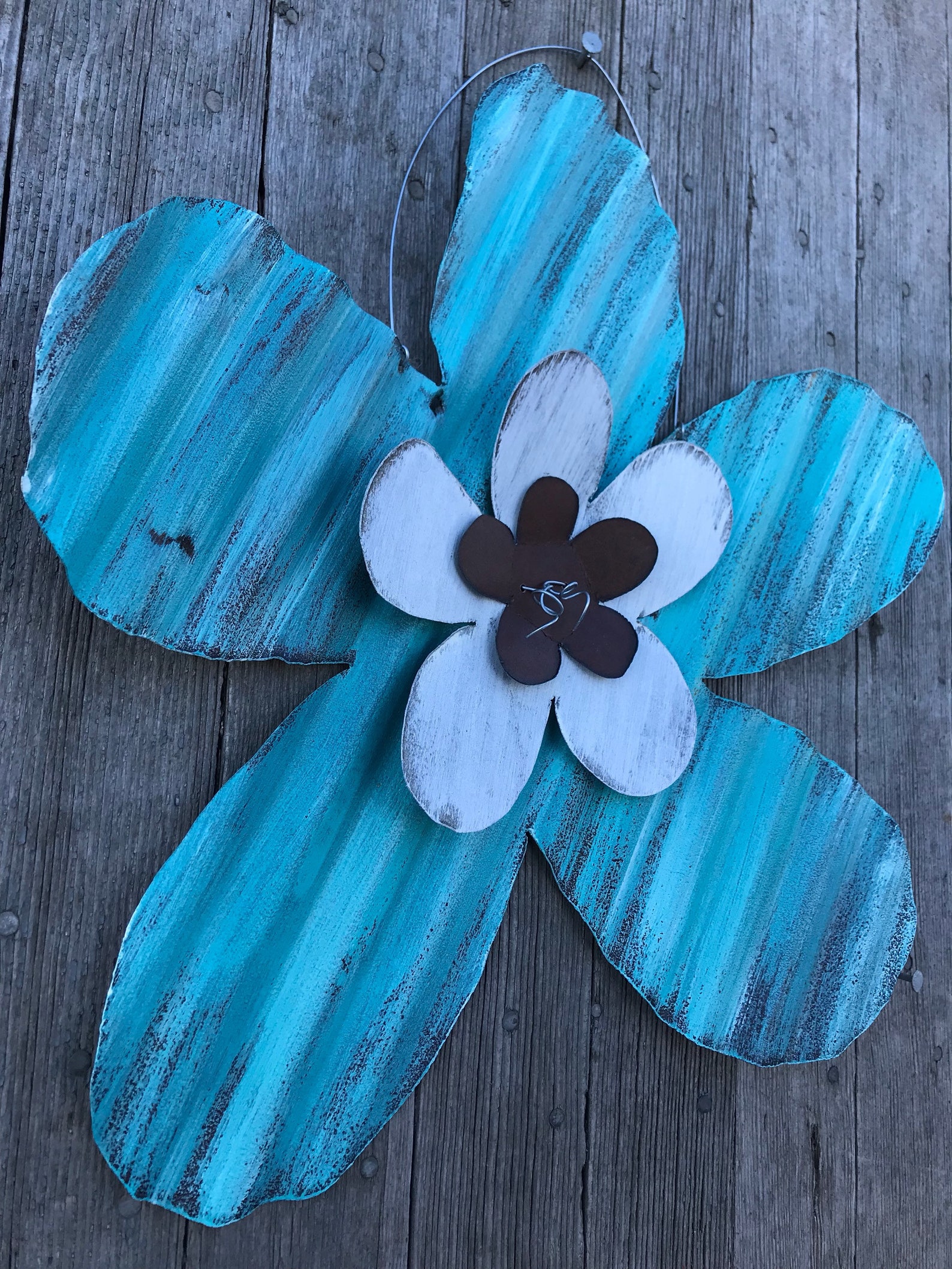 Light Turquoise Corrugated Tin Flower / Rustic Tin Flower / Etsy