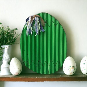 green corrugated tin easter egg / rustic tin easter decorations / handmade easter decor