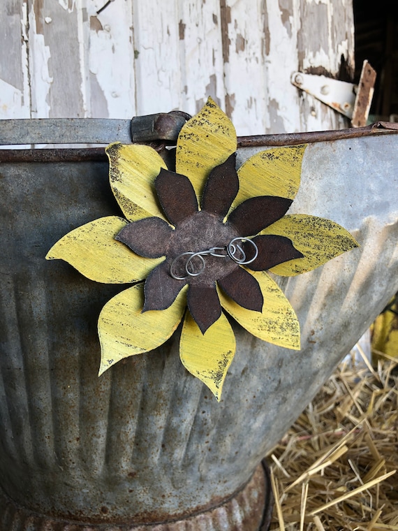 tin sunflower magnets / handmade magnets / rustic tin sunflower