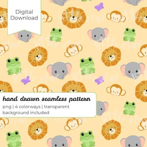 Puede incluir: Una descarga digital con un patrón sin costuras dibujado a mano con animales de dibujos animados, incluyendo leones, monos, ranas y elefantes, sobre un fondo amarillo claro. El patrón también incluye mariposas moradas. El texto dice "Descarga digital" y "patrón sin costuras dibujado a mano".