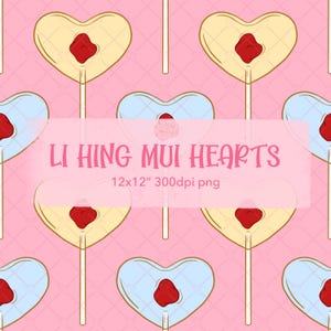 May include: A repeating pattern of heart-shaped lollipops in shades of yellow and blue, each with a red center, on a pink background. The text "LI HING MUI HEARTS" is displayed on a pink banner, along with "12x12" 300dpi png".