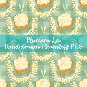 May include: A repeating pattern featuring plumeria leis and baskets of flowers on a green plaid background. The image includes the text "Plumeria Lei Hand drawn | Seamless PNG". The design is suitable for various applications.