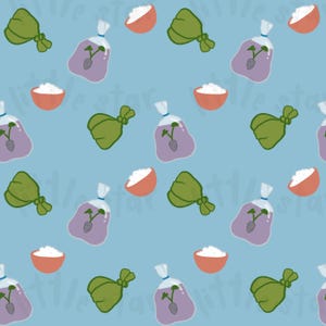 May include: A repeating pattern on a light blue background featuring illustrations of green bags, purple bags with a plant, and orange bowls with white contents. The design is whimsical and cartoon-like.
