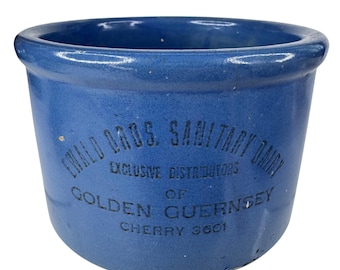 Ewald Bros. Sanitary Dairy Blue Ceramic Butter Crock 5" Golden Guernsey MN Vtg