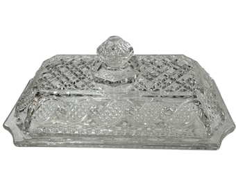 Avon Clear Pressed Glass Butter Dish w/ Lid Diamond Pattern 7 in Vintage B