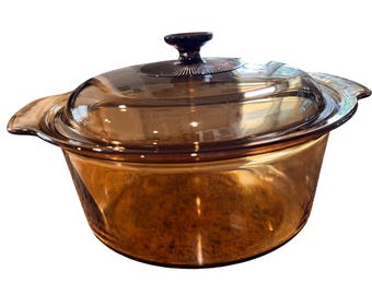 Corning Visions Amber Glass Casserole Dish 5L Round Dutch Oven W/Lid Vintage 70s
