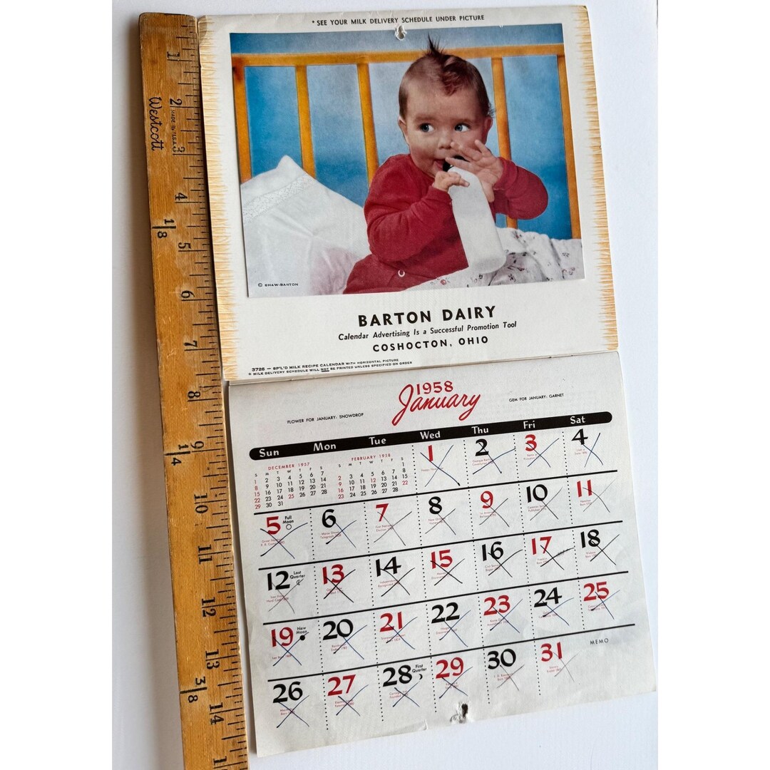 1958 Barton Christmas Holiday Dairy Wall Calendar Coshocton Ohio ...