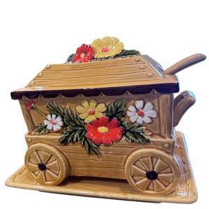 Soup Tureen Ladle Flower Cart Japan 4 Piece Ceramic Glazed Paint Vintage 70s