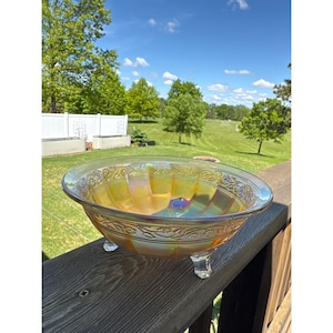 Vintage Amber Glass Pedestal Bowl iridescent Intricate Floral Etching 8.5x 3.5