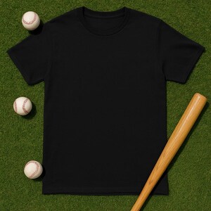Black T-Shirt Mockup With Baseball Theme Including Baseballs And A Baseball Bat