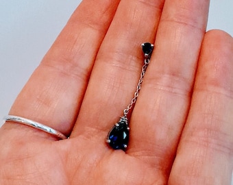 Pear Shaped Blue Sapphire with Tiny Diamond Chip with Two Stones Pendant Charm 925 Sterling Silver Marked Unisex Estate Sale