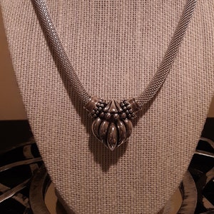 ESPO SIG. Chunky Vintage Mesh Chain Necklace Puffy Heart Pendant 925 Sterling Silver 18” 49-GramsU Snap It Clasp Unisex Estate Jewelry