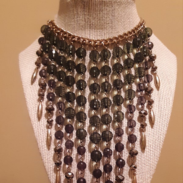 Graziano Lucite Green Purple Beaded Gold Tone  Curb Chain statement necklaces. Vintage Estate Jewelry.