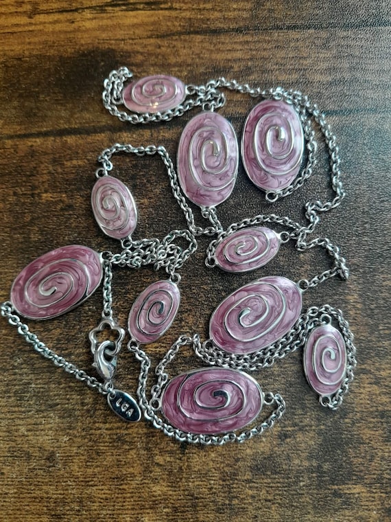 Vintage LGA Pink Enamel Swirl Station Necklace, 36 inch