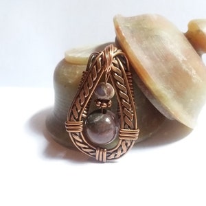Hand Forged Brass Wire Wrapped 2 Round Brownish Beige Semi Precious Stone Pendant One of a Kind