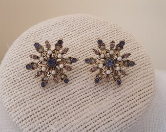 Vintage Snowflake Gold Purple Pink Clear Rhinestone Faux Pearls Post Earrings Estate Jewelry