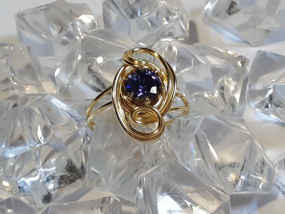 Wire Wrapped Ring Gold ParaWire with a Blue Swaro… - image 3