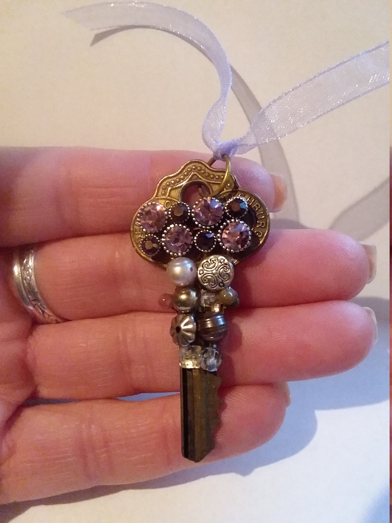 Loop Key Charm Rhinestone Vintage Brass Key Charm With Purple Rhinestone, Freshwater Pearl - Etsy
