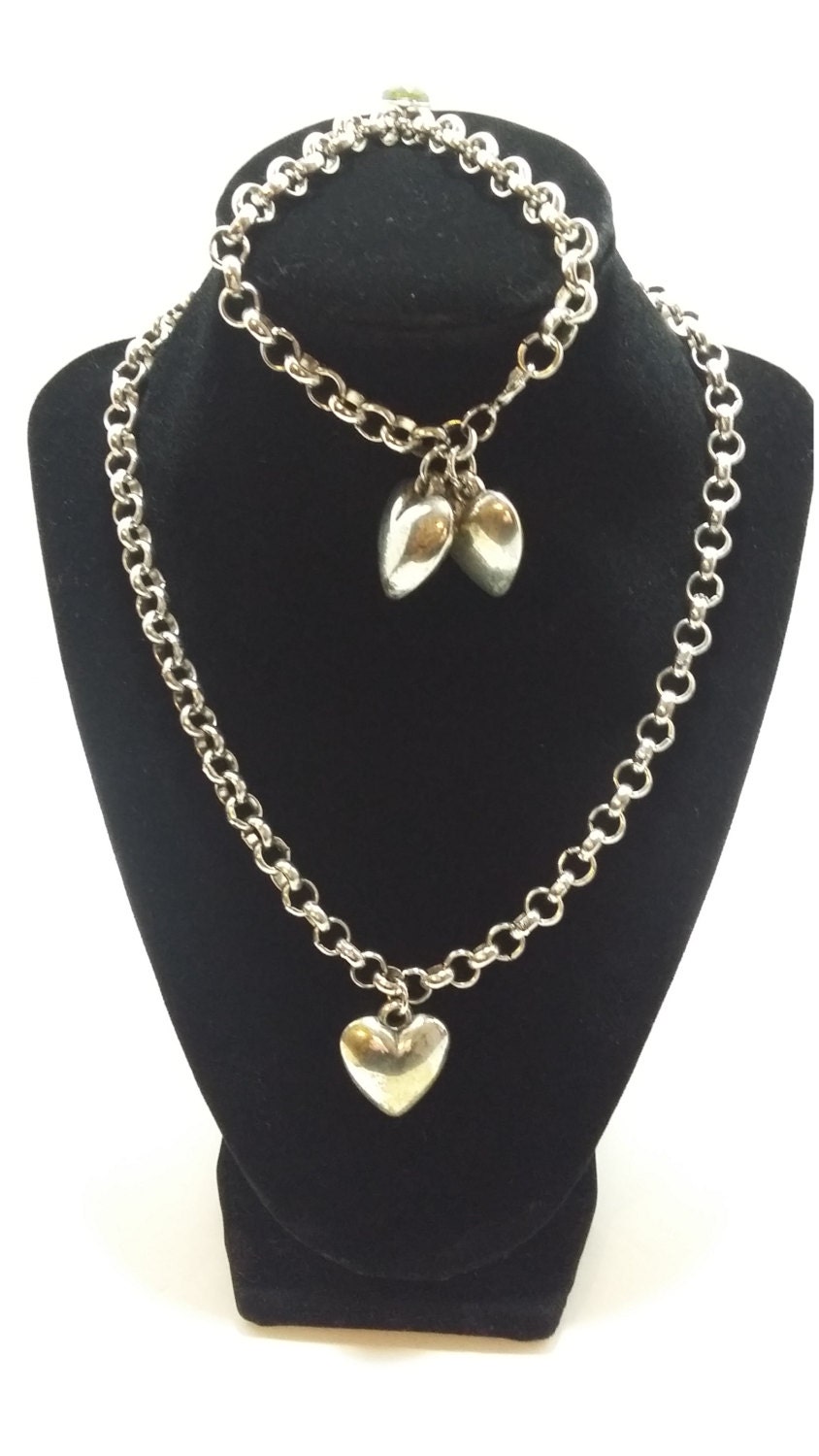 Upcycle Re-purposed Recycled Chunky Rustic Single and Double 18 in. Heart Necklace and 7.5 in Bracelet Valentines Wedding Any Ocassion Gift
